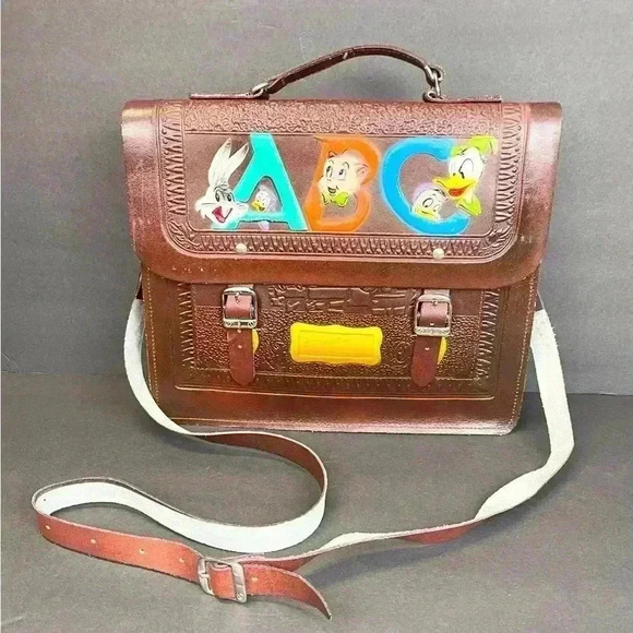 Source Unknown Handbags - Vintage Rare Disney Characters Tooled Brown Leather Book Messenger Bag